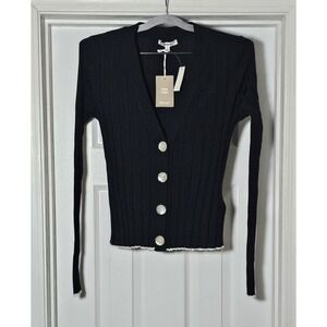 Madewell Black V Neck Ribbed Knit Cardigan Size Large Merino Silk Blend Acadamia